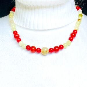 NATURAL AFGHAN JADE, CORAL AND CARNELIAN BEAD NECKLACE